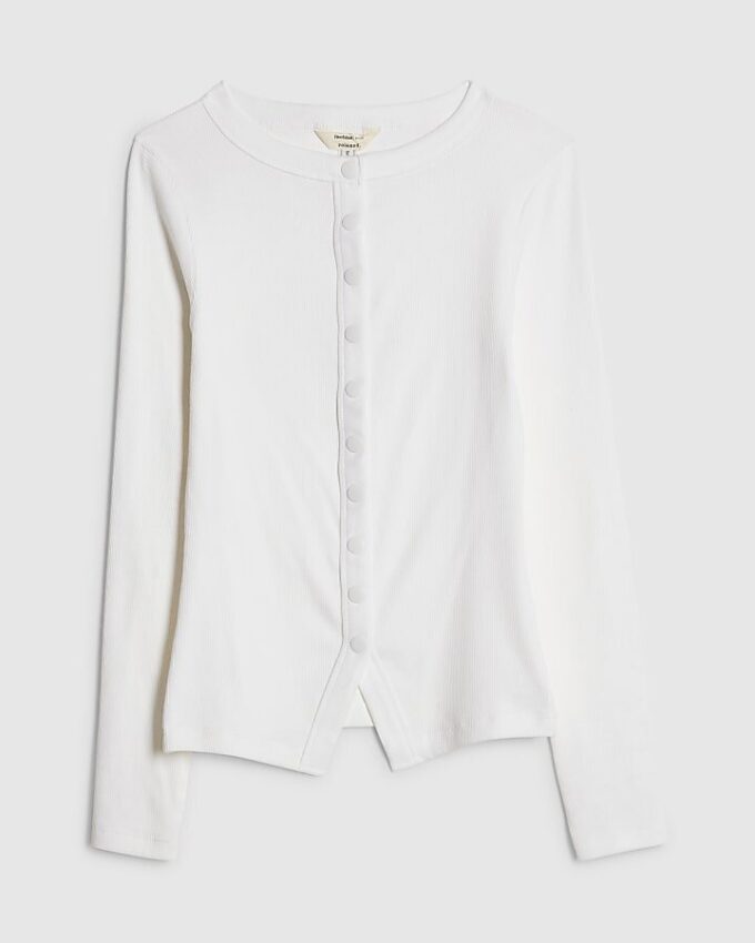 White Long Sleeve Ribbed Popper Top