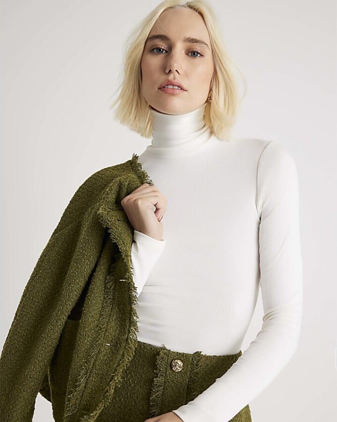 White Long Sleeve Roll Neck Top