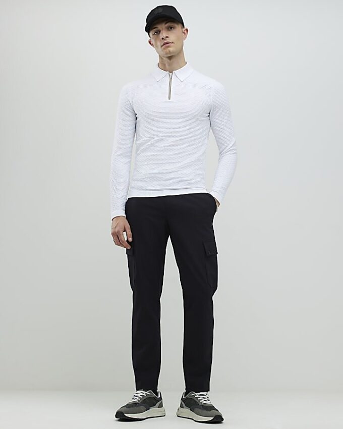 White Muscle Fit Hexagon Polo Shirt