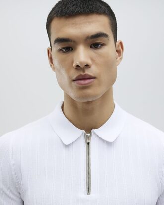 White Muscle Fit Ribbed Polo Shirt