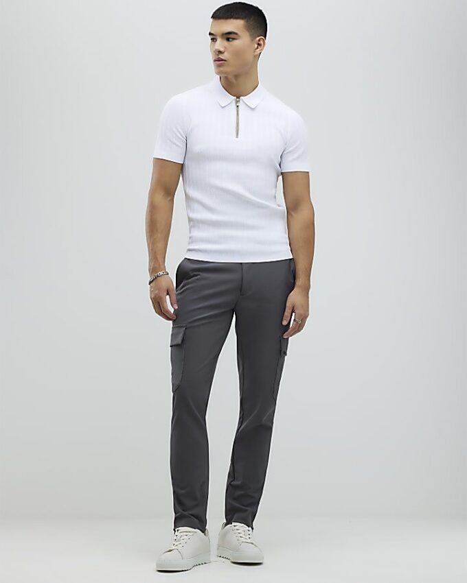 White Muscle Fit Ribbed Polo Shirt