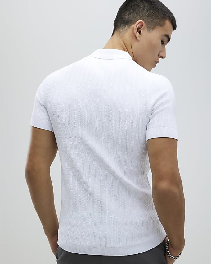 White Muscle Fit Ribbed Polo Shirt