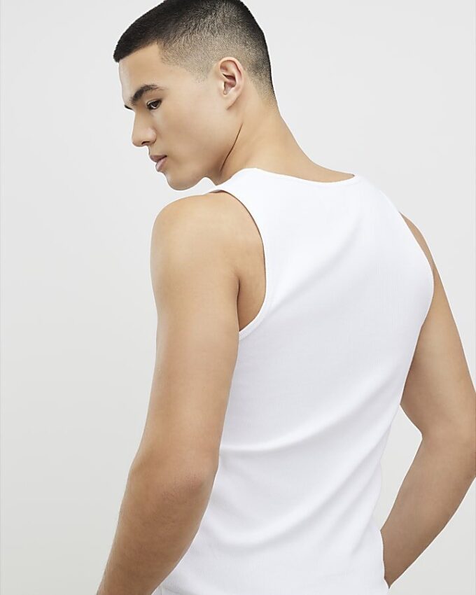 White Muscle Fit Ribbed Vest