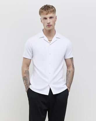 White Muscle Fit Ring Snap Shirt