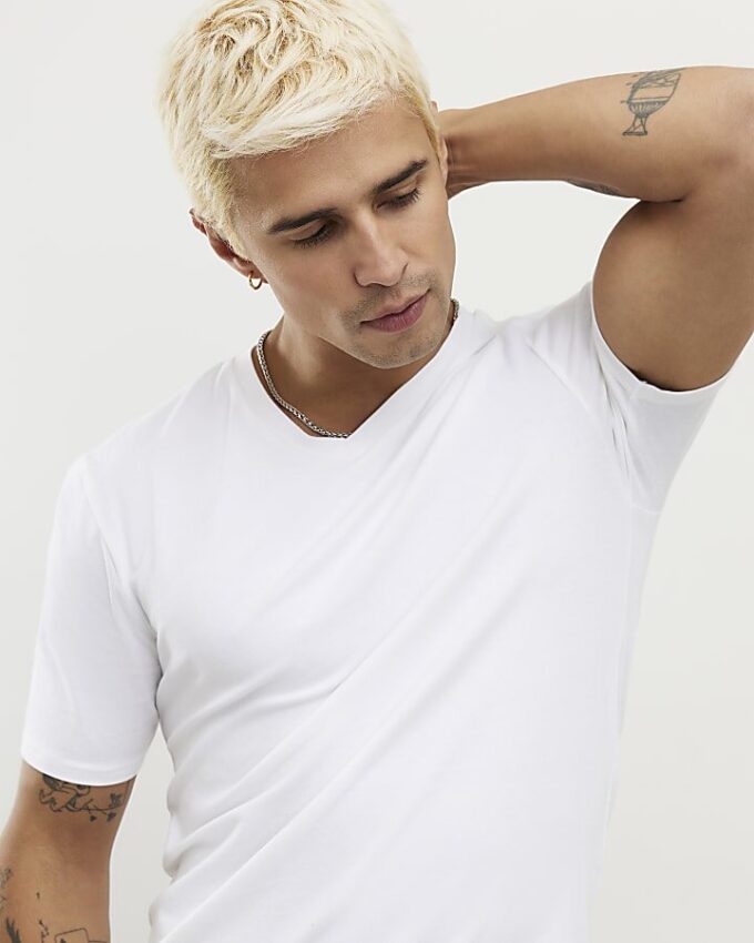 White Muscle Fit V Neck T-Shirt