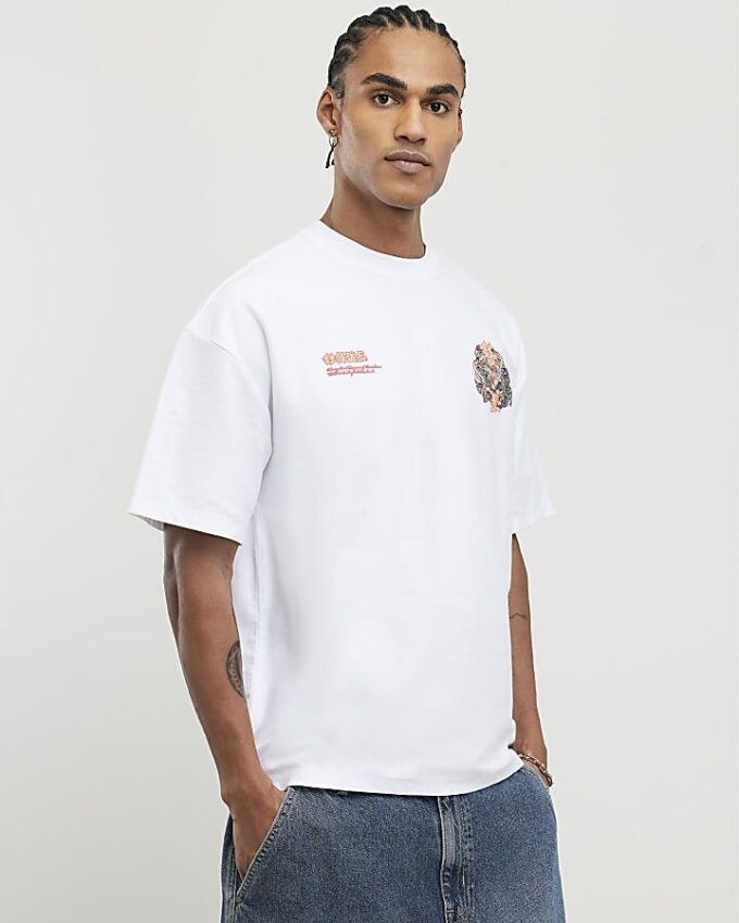 White Oversized Fit Dragon Graffiti T-Shirt
