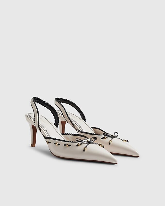 White Piped Bow Sling back Court Heels
