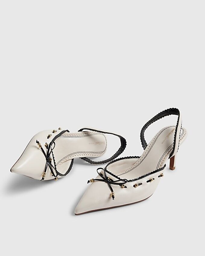 White Piped Bow Sling back Court Heels