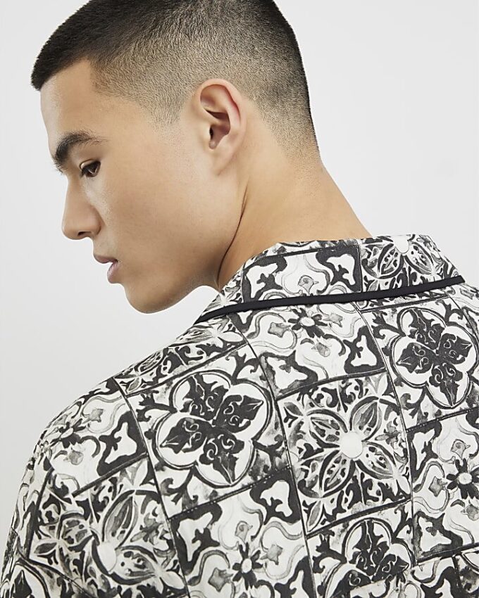 White Regular Fit Baroque Tile Print Shirt