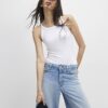 White Ribbed Racer Front Tank Top