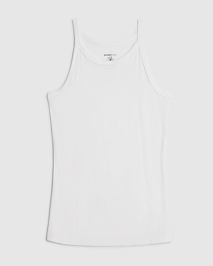White Ribbed Racer Front Tank Top