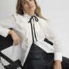 White Ruffle Tie Neck Blouse