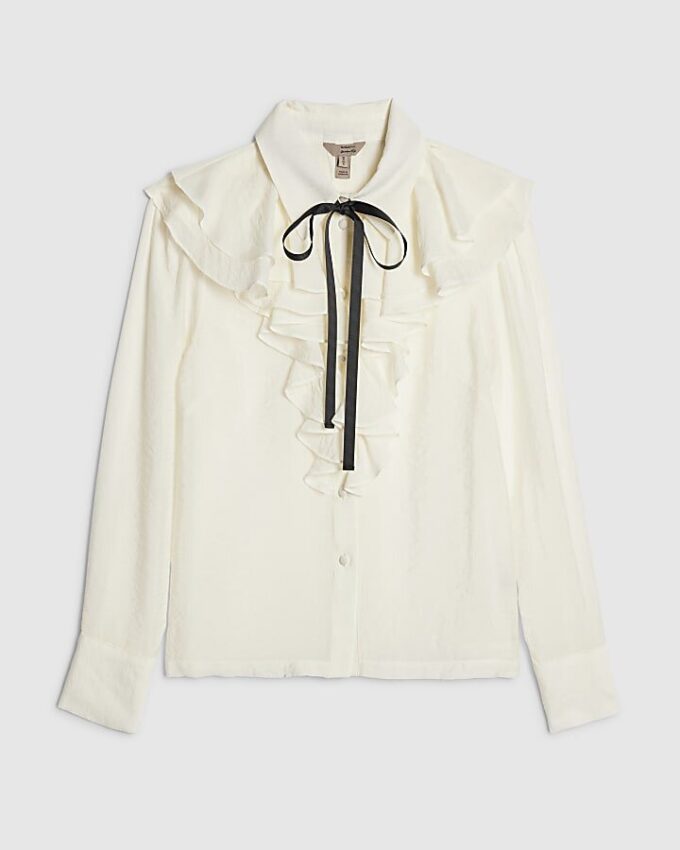 White Ruffle Tie Neck Blouse