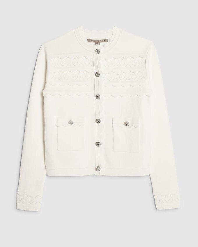 White Scallop Trim Diamante Button Cardigan