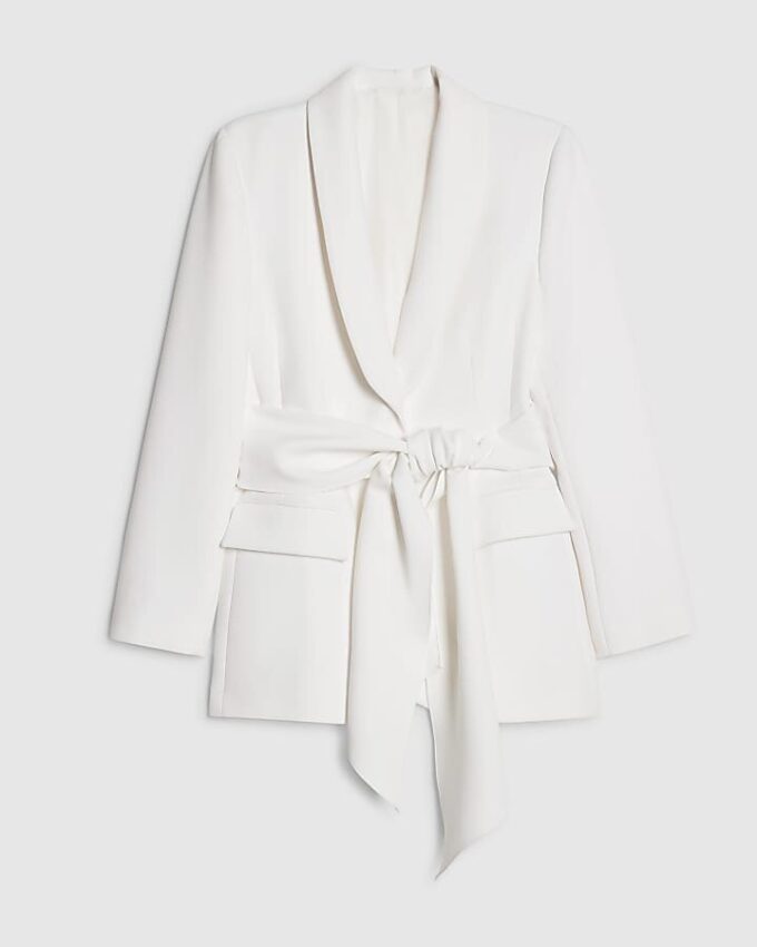 White Shawl Collar Tie Waist Blazer