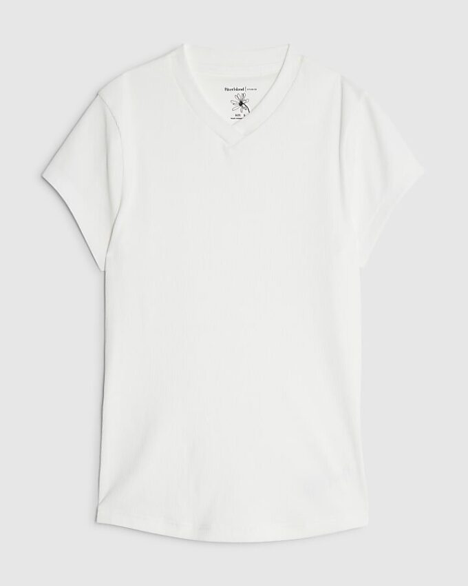White Short Sleeve High V Neck Ribbed Top