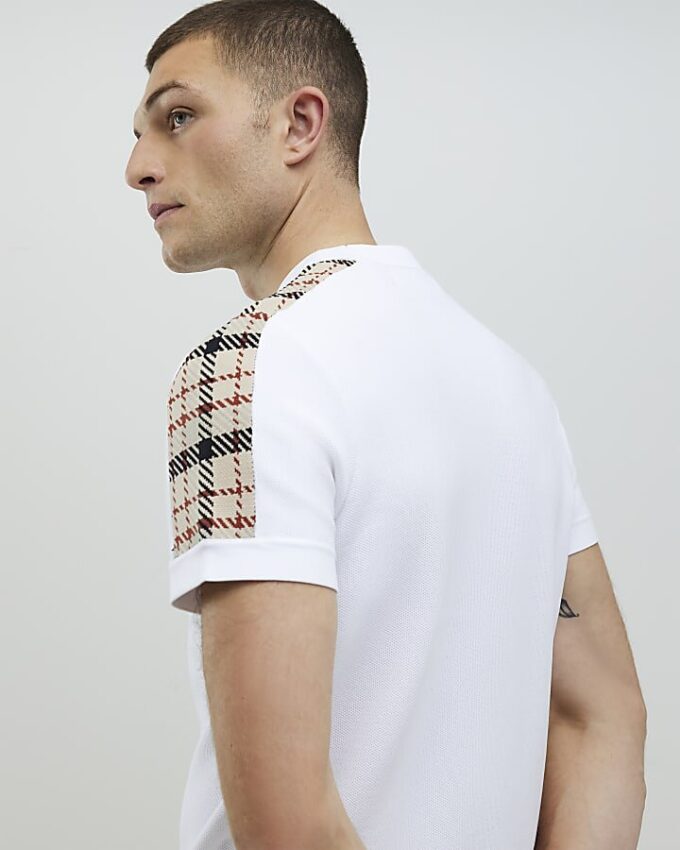 White Slim Fit Check Knit T-Shirt