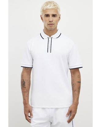 white slim fit textured zip tipped polo shirt 1 330x413 - White Slim Fit Textured Zip Tipped Polo Shirt