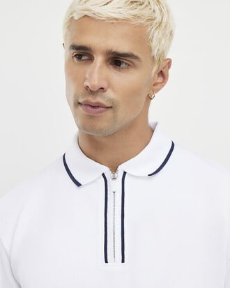 white slim fit textured zip tipped polo shirt 2 330x413 - White Slim Fit Textured Zip Tipped Polo Shirt