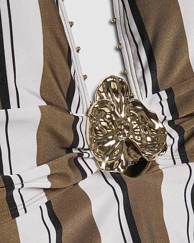 White Stripe Plunge Hardware Swimsuit