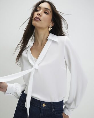 White Tie Detail Long Sleeve Blouse