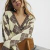Yellow Knitted Argyle Long Sleeve Cardigan