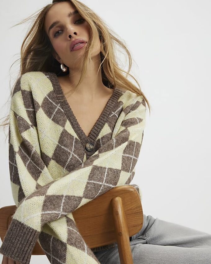 Yellow Knitted Argyle Long Sleeve Cardigan