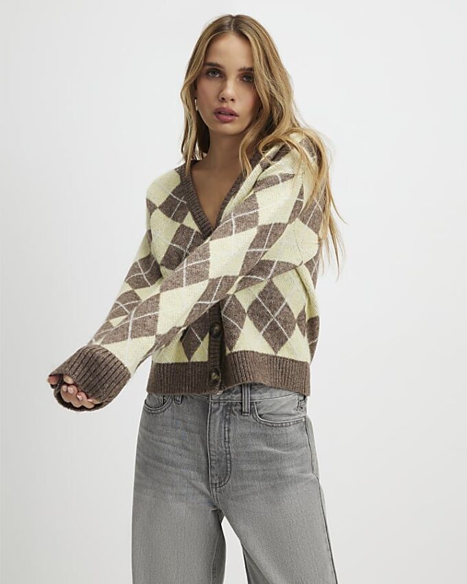 Yellow Knitted Argyle Long Sleeve Cardigan