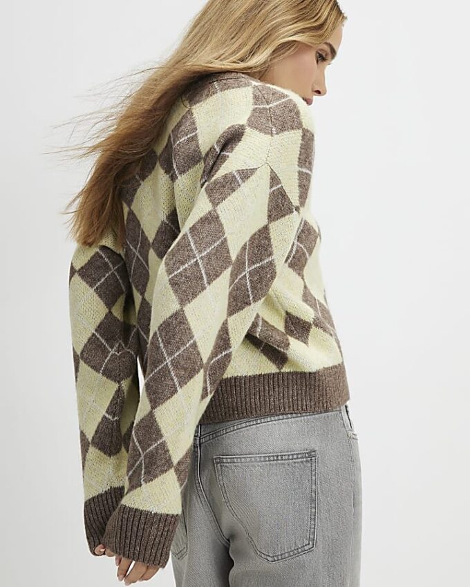 Yellow Knitted Argyle Long Sleeve Cardigan
