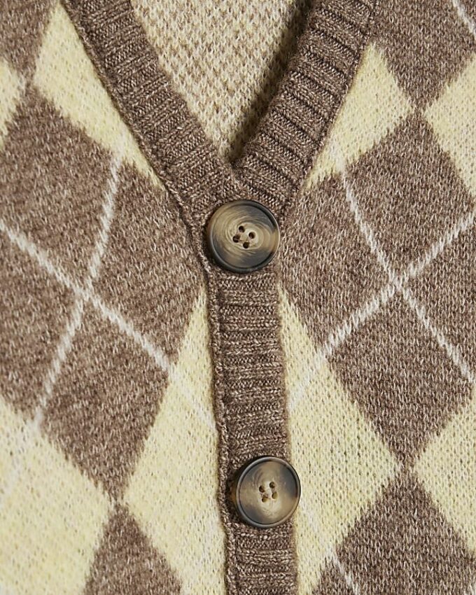 Yellow Knitted Argyle Long Sleeve Cardigan