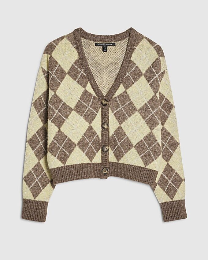 Yellow Knitted Argyle Long Sleeve Cardigan