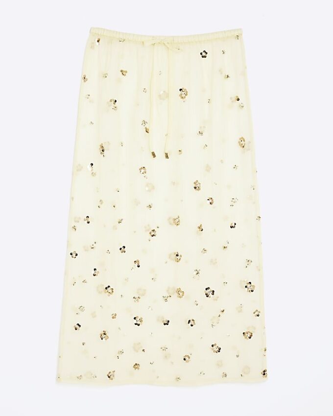 Yellow Mesh Embellished Midi Beach Skirt